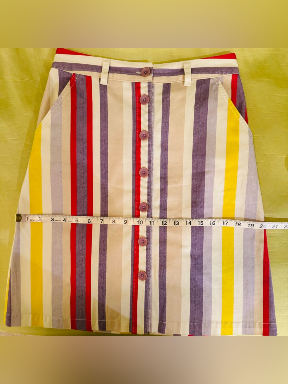 Anthropologie Striped Button-Front Skirt in Red, Purple, Yellow & Cream - Picture 4 of 6